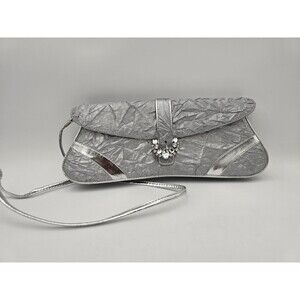 J. Renee Silver Clutch Purse Evening Bag Rhinestones Shoulder Strap 13" Wide